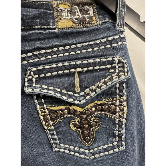 LA Idol USA Women’s Jeans Embellished Flap Pockets Blue Stitching Sz 5 EUC - Picture 4 of 16